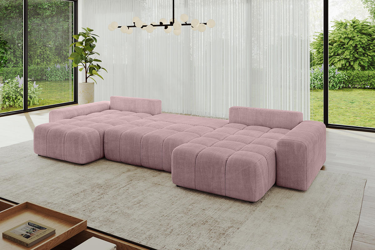 WOHNLANDSCHAFT ENIL-U 390x175x84 Rosa Cord - Rosa, Holzwerkstoff/Kunststoff (390/84/175cm) - ALTDECOR