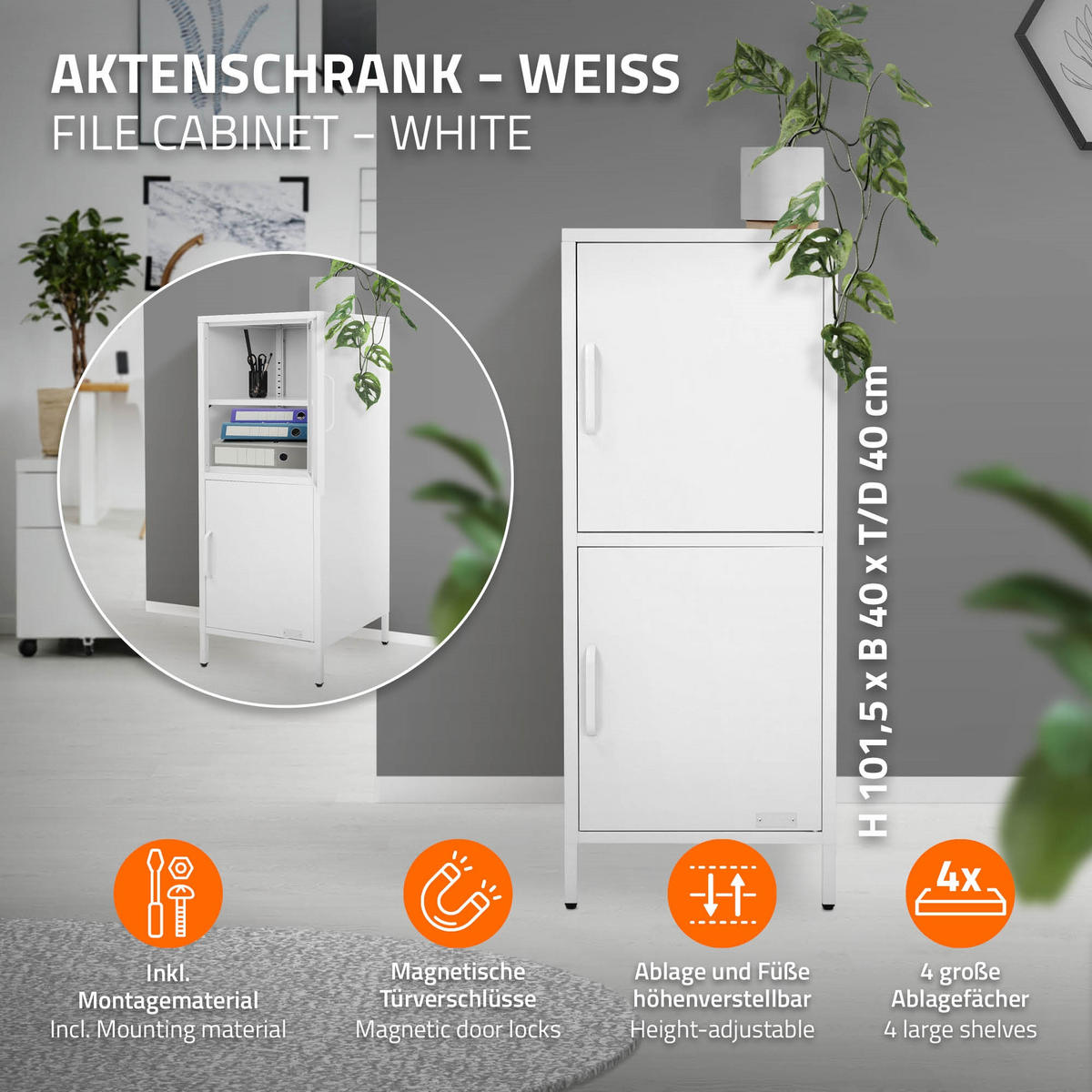 AKTENSCHRANK 40x101,5x40 cm Weiß aus Stahl mit 2 Türen - Weiß, Metall (40/101.5/40cm) - ML-DESIGN
