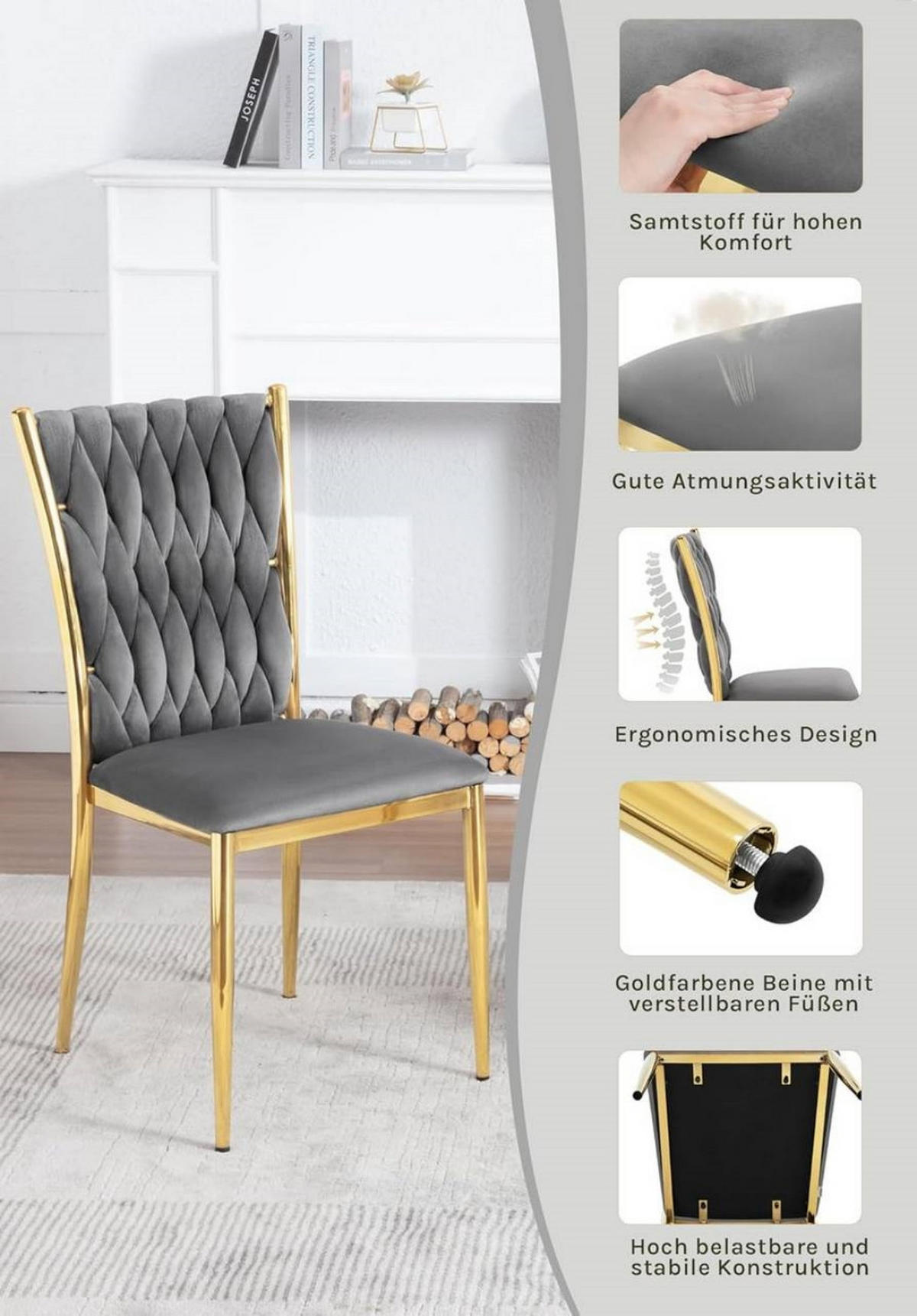 ESSZIMMERSTUHL 6er Set hohe Rückenlehne, Samt, Dunkelgrau - Dunkelgrau, Kunststoff/Textil (46/94.5/48cm) - Woltu