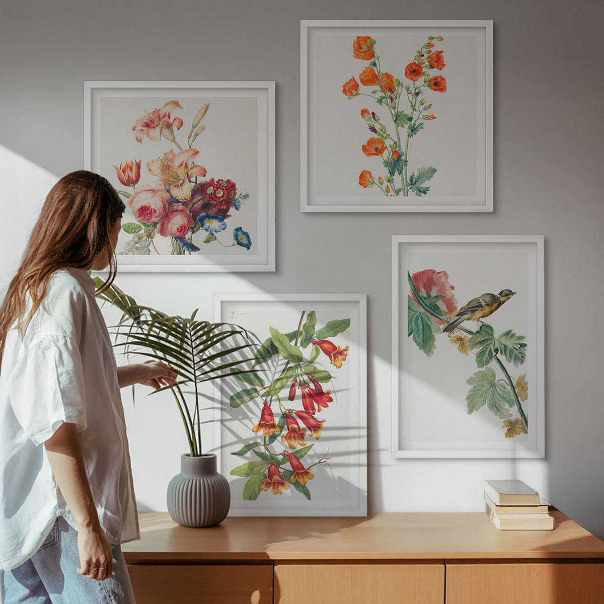 BILDER SET 4er Set - 50x50 cm & 40x60 cm Weißer Rahmen - Gemalte Blumen, Retro-Vogel - Weiß, Kunststoff (50/50cm) - TULUP