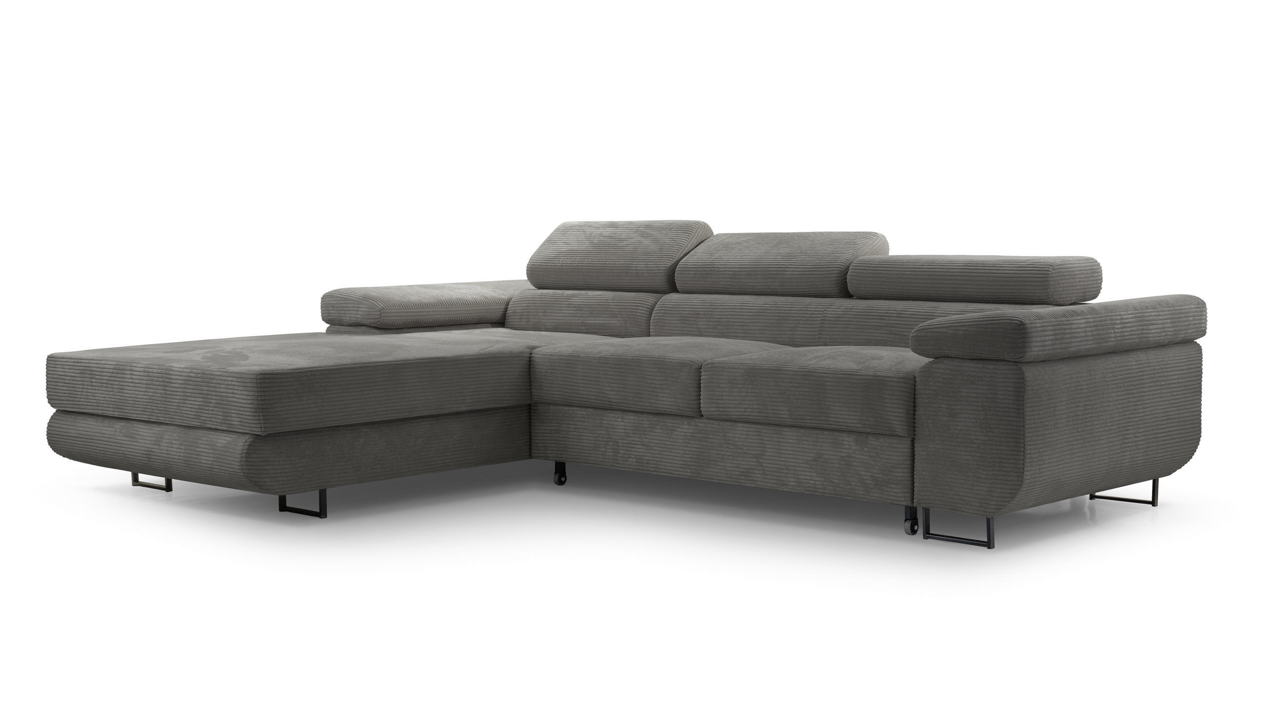 ECKSOFA GIULIO Grau Velours-Stoff mit Schlaffunktion - Grau, Holz (280/203cm) - MASSENO