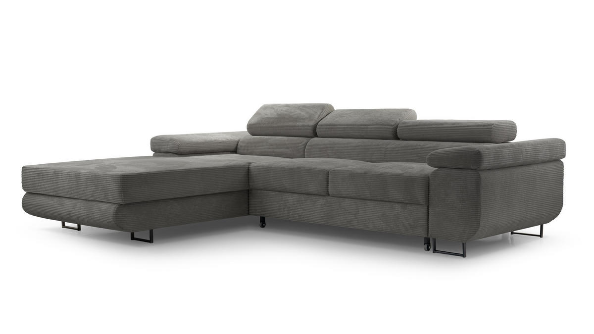 ECKSOFA GIULIO Grau Velours-Stoff mit Schlaffunktion - Grau, Holz (280/203cm) - MASSENO