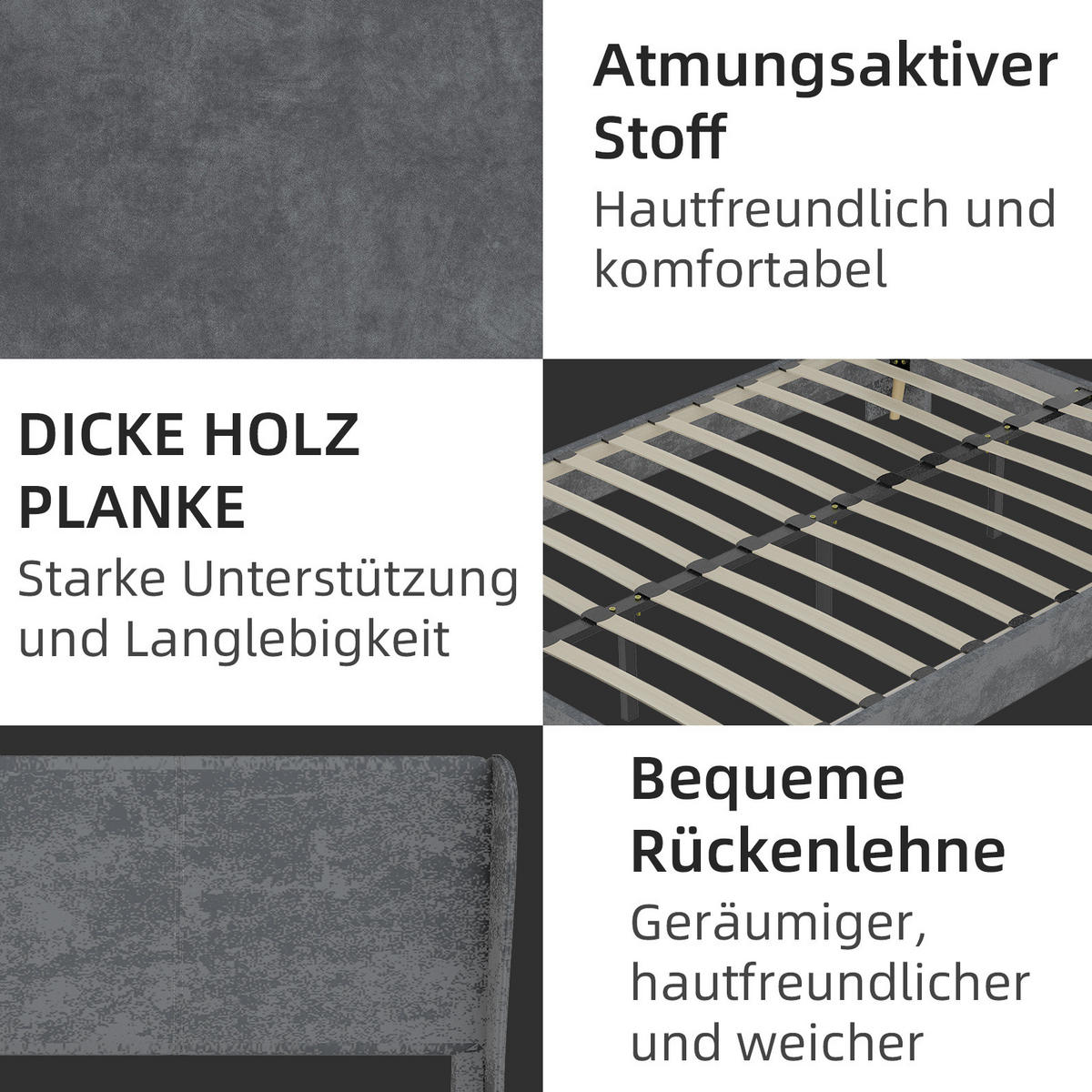 POLSTERBETT 140/200 cm grau aus Stoff und Metall mit gepolstertem Kopfteil - Grau, Textil (140/200cm) - OKWISH