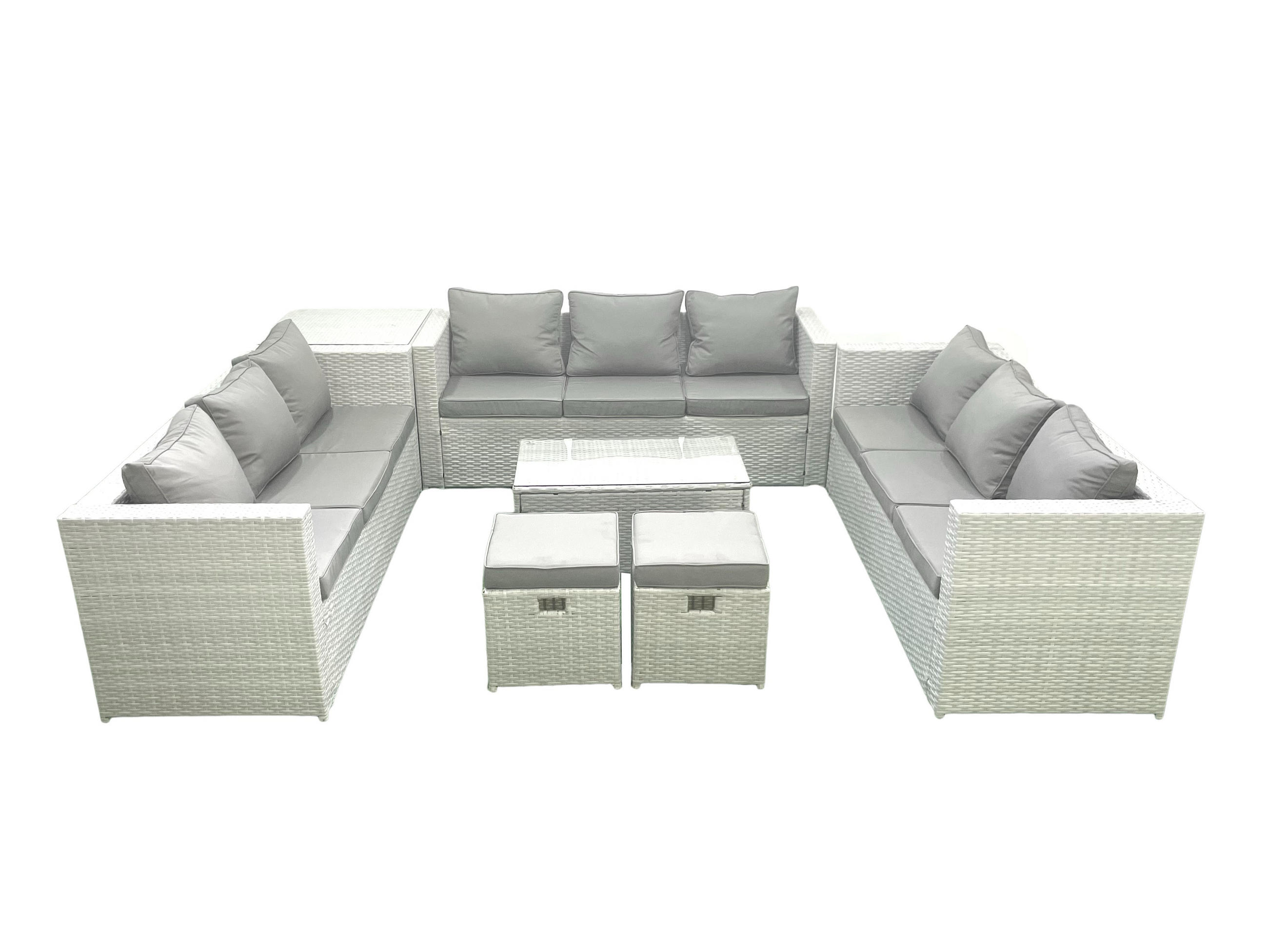 GARTENSET mit 3-SITZER SOFA,COUCHTISCH Polyrattan Hellgrau-Mix 11-Sitzer - Hellgrau/Grau, Glas/Kunststoff - Fimous