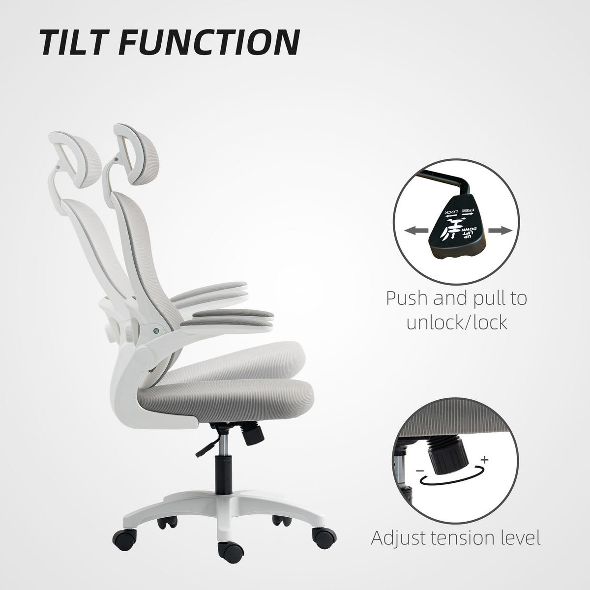 BÜROSTUHL Ergonomischer Schreibtischstuhl mit Hochklappbaren Armlehnen Grau - Weiß/Grau, Kunststoff/Textil (62/115/64cm) - HOMCOM