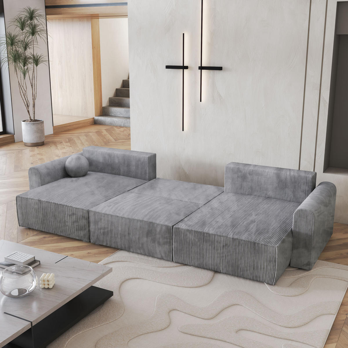 WOHNLANDSCHAFT FENTO P Hellgrau Kordstoff mit Schlaffunktion - Hellgrau, Holz (347/90/148cm) - MASSENO