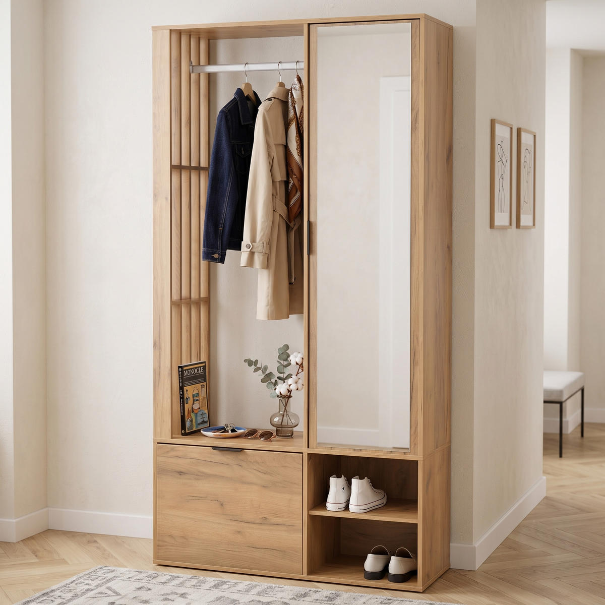 ŠATNÍ SKŘÍŇ 6 v 1 se zrcadlem a sušákem na prádlo, v barvě dřeva - přírodní, kompozitní dřevo (100/190/33cm) - Urban Meuble