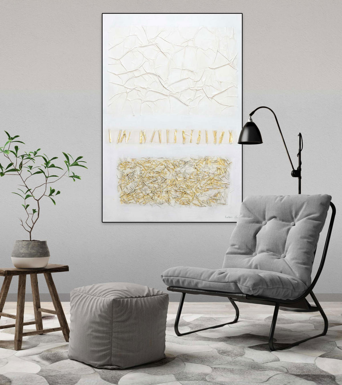 ACRYLBILD HANDGEMALT 80/120 cm - Goldfarben/Weiß, Holz/Textil (2.7/120cm) - KUNSTLOFT