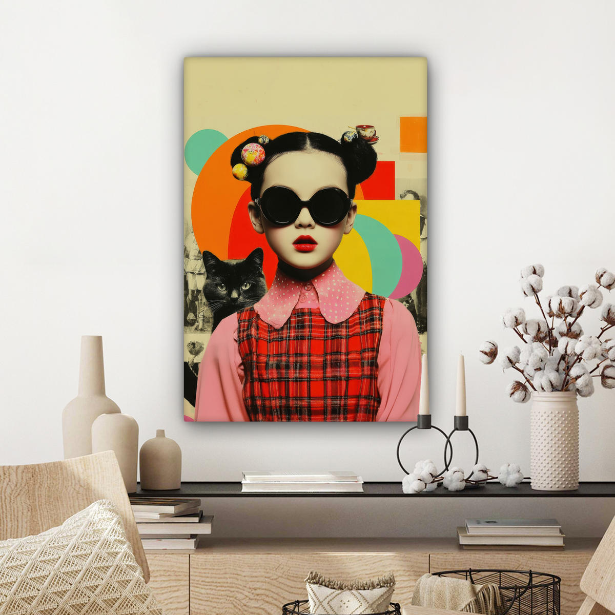 LEINWANDBILD Mädchen - Sonnenbrille - Katze - Retro Wanddeko Schlafzimmer 60x90 cm - Beige, Textil (60/90cm) - MuchoWow