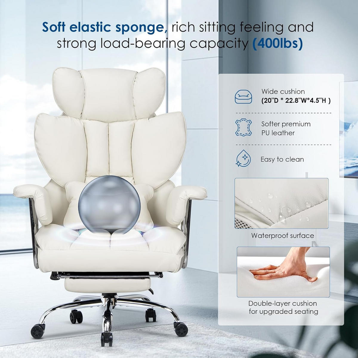 CHEFSESSEL ergonomisch, Leder, Fußstütze – Weiß - Weiß, Metall (58/128/50cm) - Rattantree