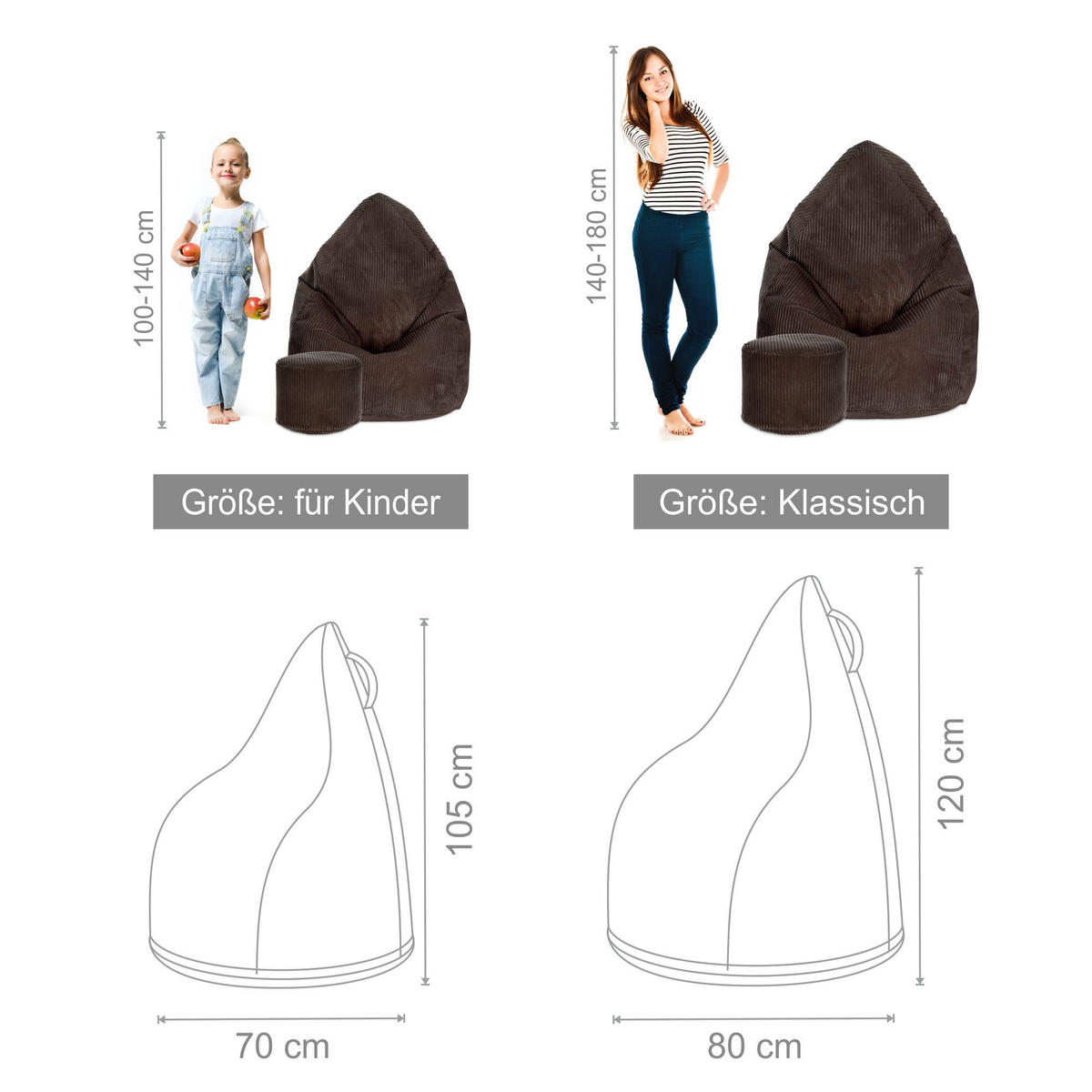 SITZSACK MIT FUßSTÜTZE Kordsamt 2-tlg Dark Chocolate S - Dunkelbraun, Textil (70/105/70cm) - Dreamroots