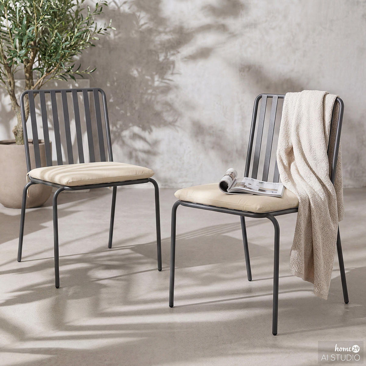 GARTENSTUHL - 2er-Set - Stahl - Anthrazit, Textil/Metall (54/87/57cm) - home24