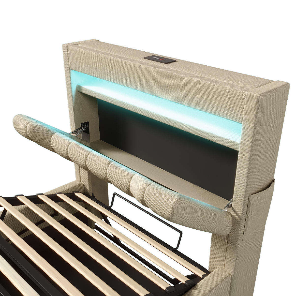 POLSTERBETT 90/200 cm mit hydraulischem Bettkasten, LED & Kopfteil mit USB/Typ-C, Beige - Beige, Textil (90/200cm) - Redom
