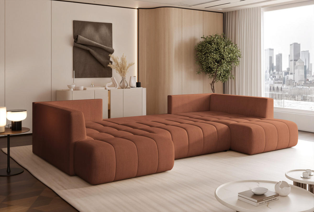 WOHNLANDSCHAFT STONE mit Schlaffunktion und Bettkasten, Stoff Braun - Braun, Kunststoff/Textil (350/91/190cm) - Idohome