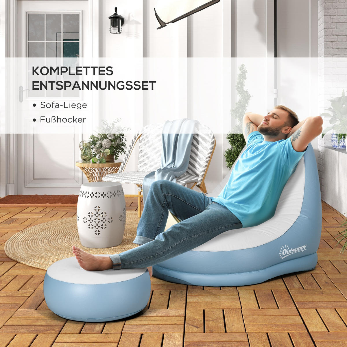 AUFBLASBARES SOFA, Weiß+Blau, Kunststoff - Weiß, Kunststoff (100/87/100cm) - Outsunny