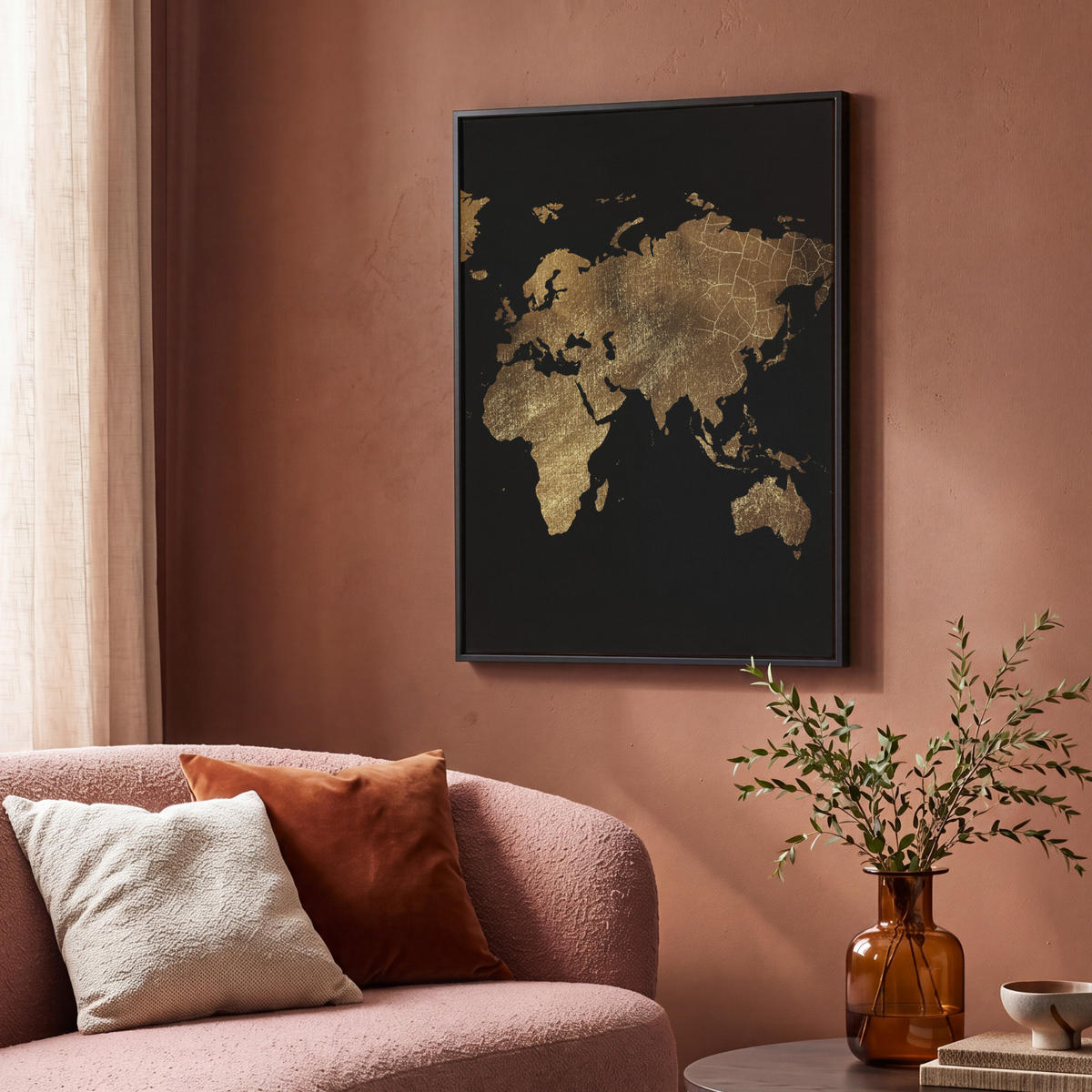 LEINWAND Bilder mit Rahmen - Weltkarte - Gold - Luxus - Erde - Schwarz - 70x100 - Goldfarben, Textil (70/100cm) - MuchoWow