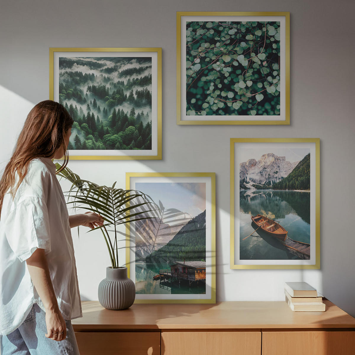 BILDER SET 4er Set - 50x50 cm & 40x60 cm Goldrahmen - Nebel auf dem Bergsee, Bootsfahrten, Nebel - Goldfarben, Kunststoff (50/50cm) - TULUP