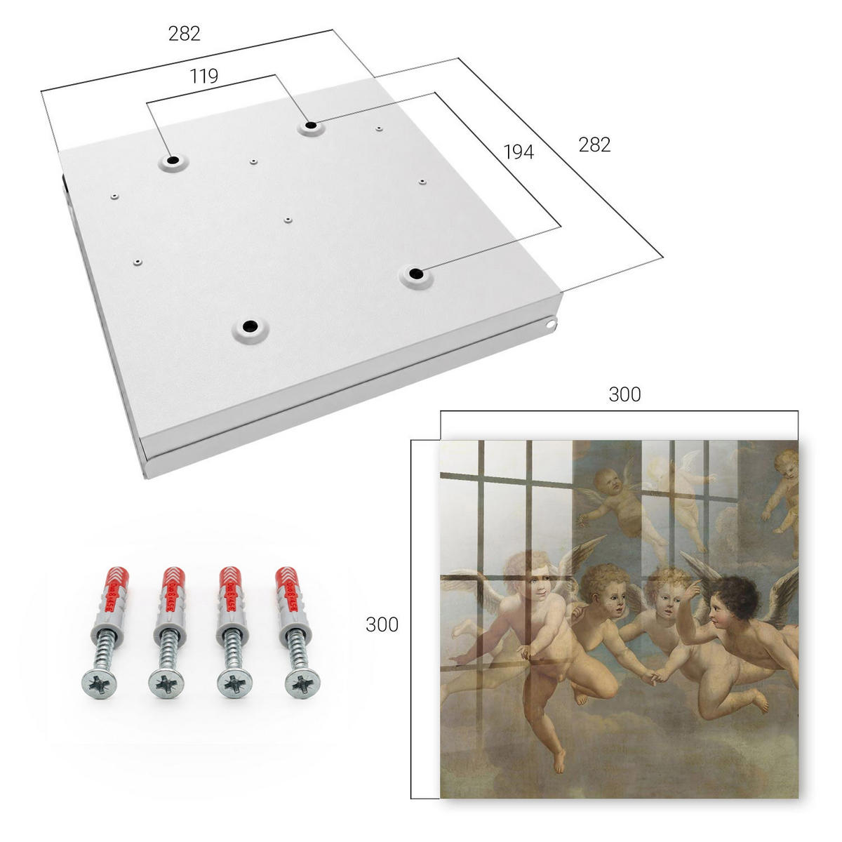 SCHLÜSSELBOX Weiß 30x30 cm – Türöffnung nach rechts - Fliegende Engel Putten Barockgemälde - Beige, Metall (30/30/5cm) - TULUP