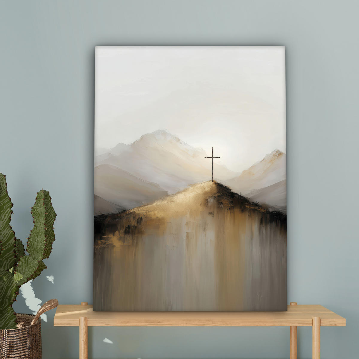 LEINWANDBILD Hügel - Abstrakt - Kreuz - Christentum Wandbild Wohnzimmer 60x80 cm - Beige, Textil (60/80cm) - MuchoWow