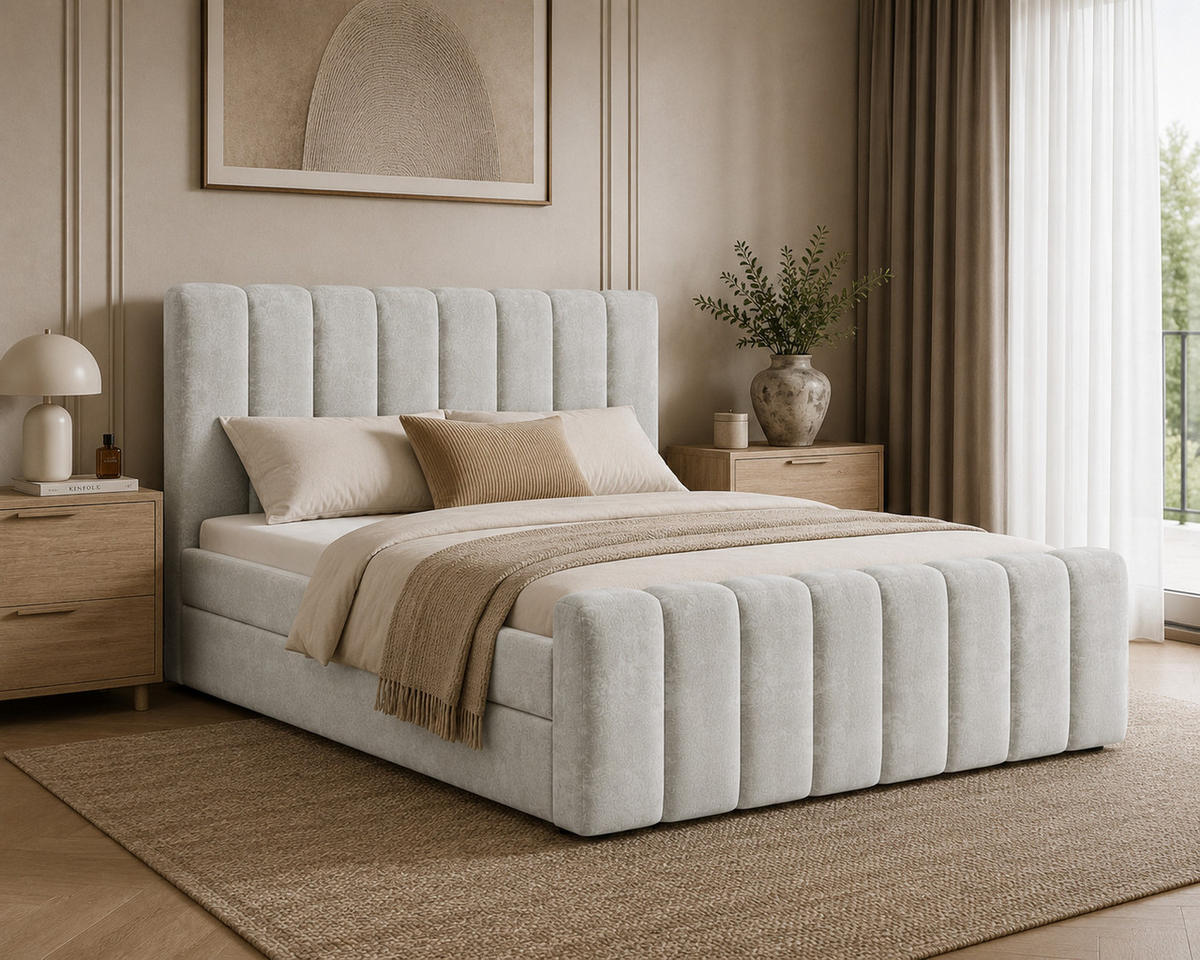BOXBETT 01 BIS 160 x 200 cm - Vibe - Modernes Polsterbett mit Bettkasten inkl. PU-Schaum-Topper und Federmechanismus - Hellgrau, Holz (160/200cm) - ROYAL24_MARKT