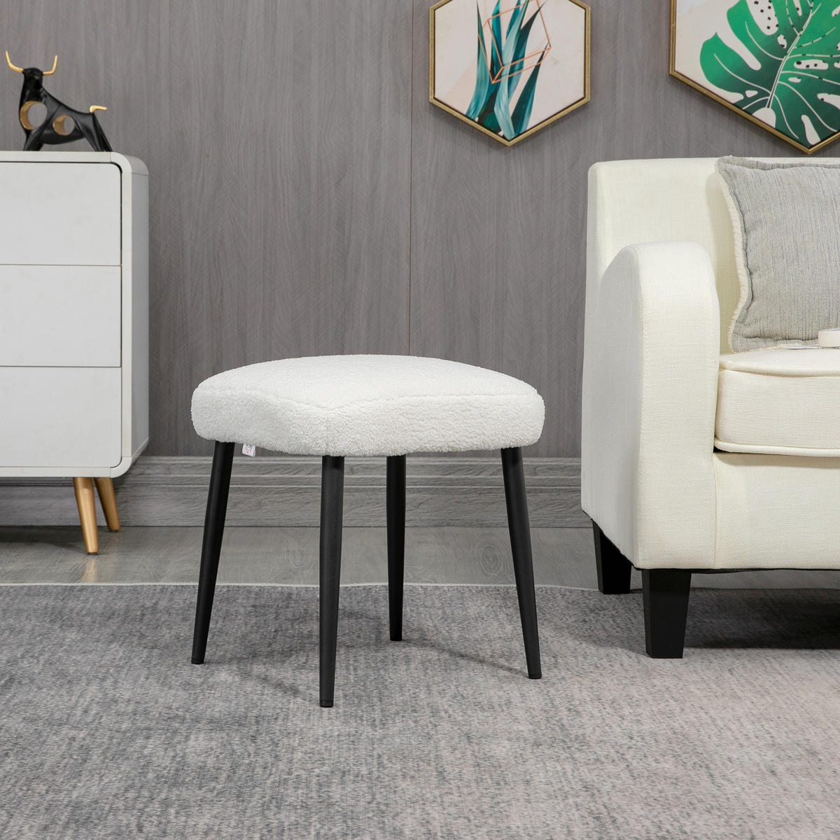 FUSSHOCKER Sitzhocker Quadratischer Schminkhocker mit Kaschmir-Optik, Stahlbeine - Creme, Kunststoff (42/44/42cm) - HOMCOM