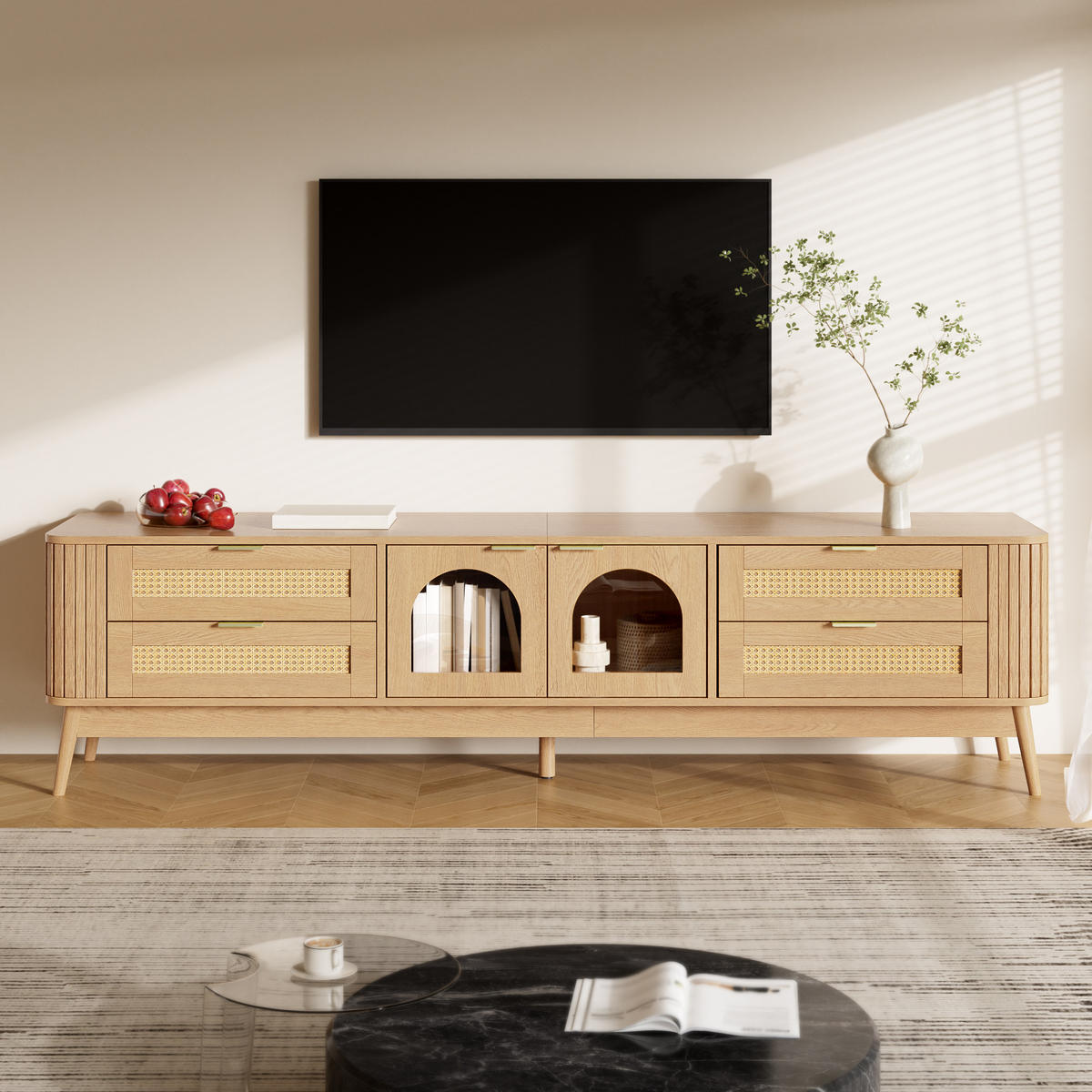 TV-SCHRANK LED Glas Türen Sideboard Massivholzbeine Modern - Naturfarben, Holzwerkstoff (180/50/40cm) - FLIEKS