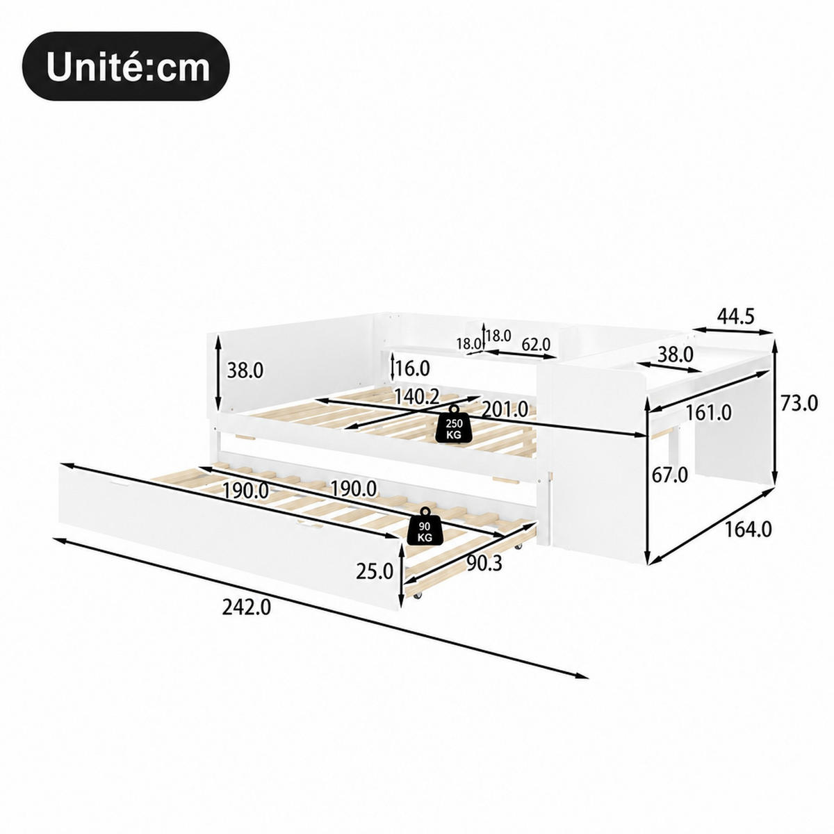 JUGENDBETT 140/200 mit Ausziehbett, Schreibtisch, 3 Regalen und Lattenrost in Weiß - Weiß, Holzwerkstoff (140/200cm) - EVRYAE