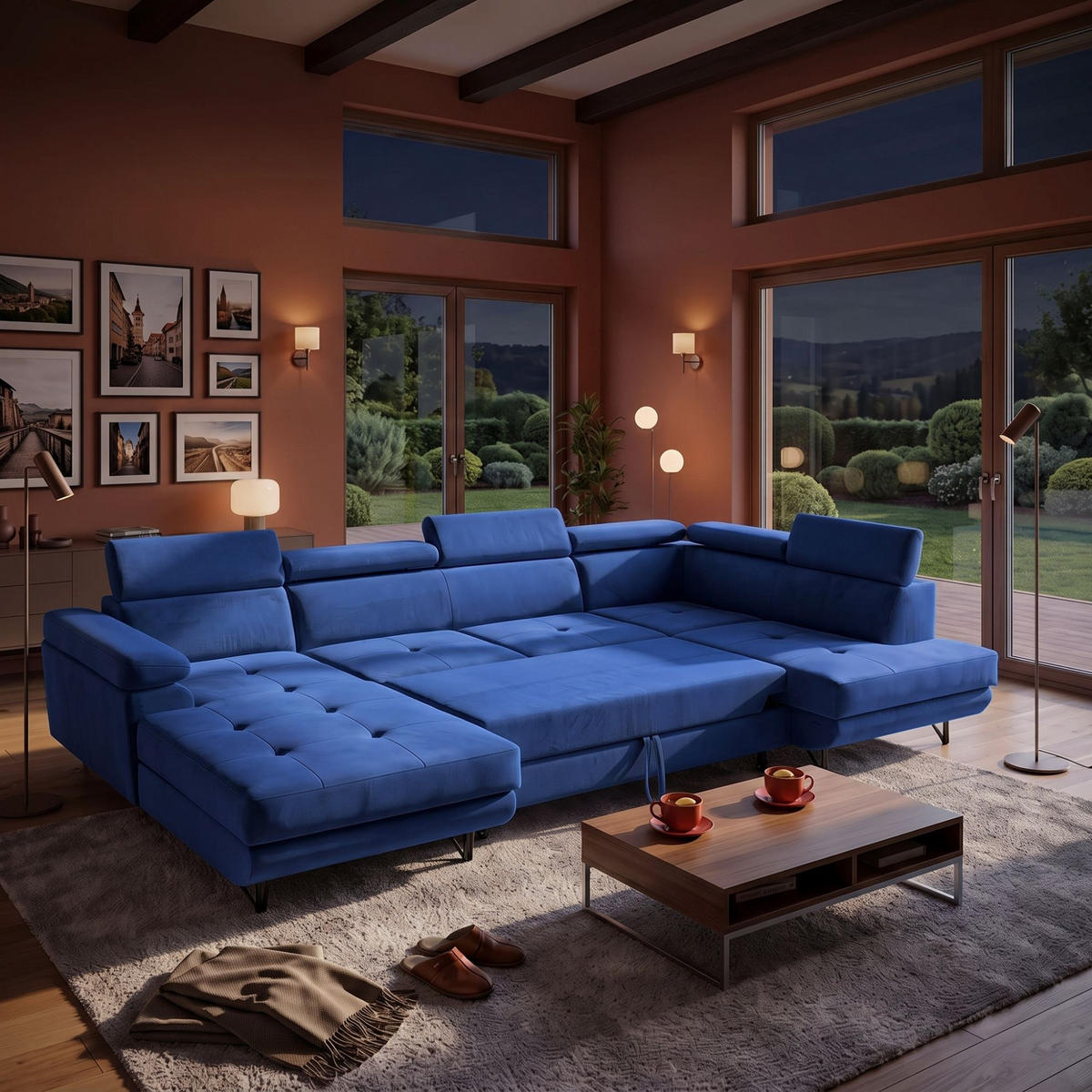 ECKSOFA U-Form JUNIOR U Rechts mit Schlaffunktion 128x254 Velours Blau - Blau/Schwarz, Holz/Textil (184/90/323cm) - Muffo