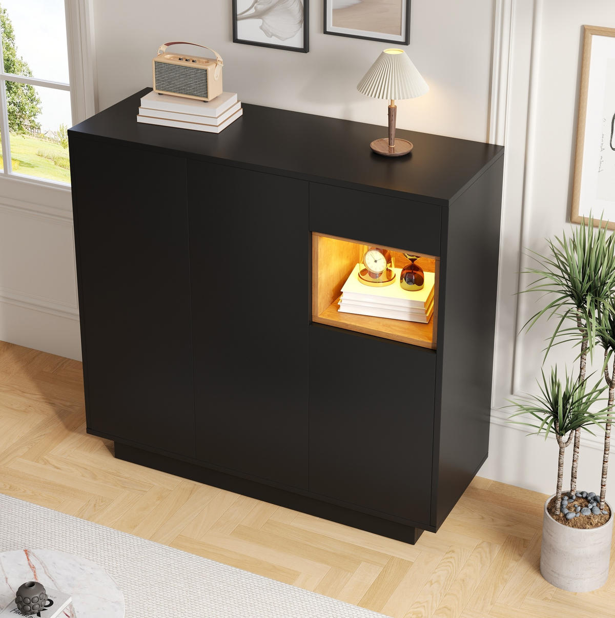 SCHUHSCHRANK 105/39,5/100,5 cm in Schwarz/Natur mit LED-Beleuchtung und Schublade - Schwarz, Holzwerkstoff (105/100/39cm) - Flora Grace