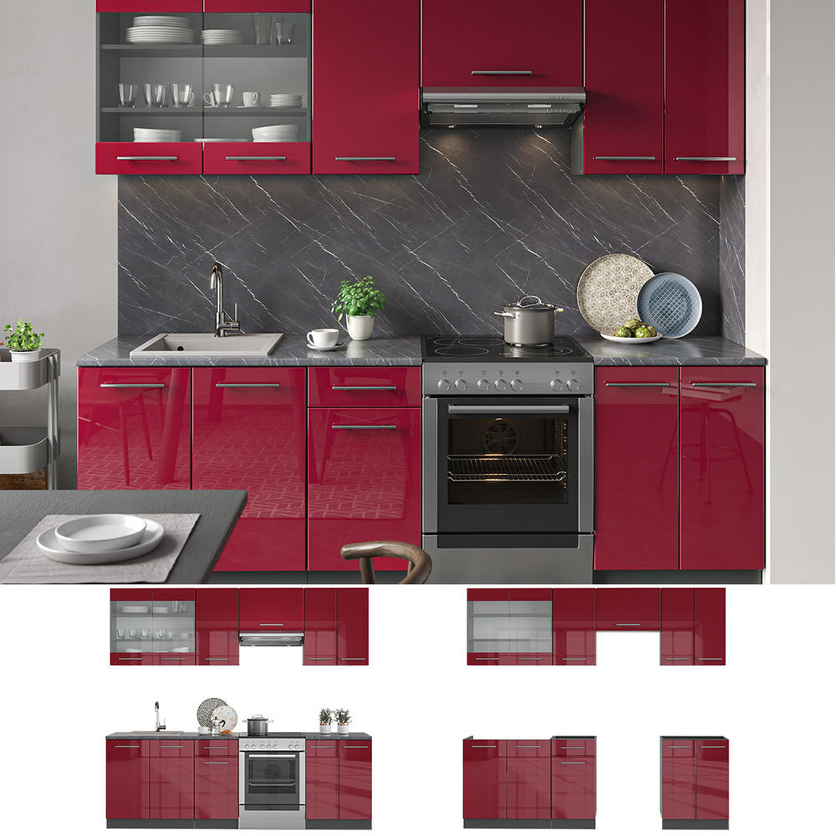 KÜCHENZEILE Fame-Line Bordeaux Hochglanz 240 cm, AP Eiche - Bordeaux/Anthrazit, Holzwerkstoff (240/81.6/60cm) - Vicco