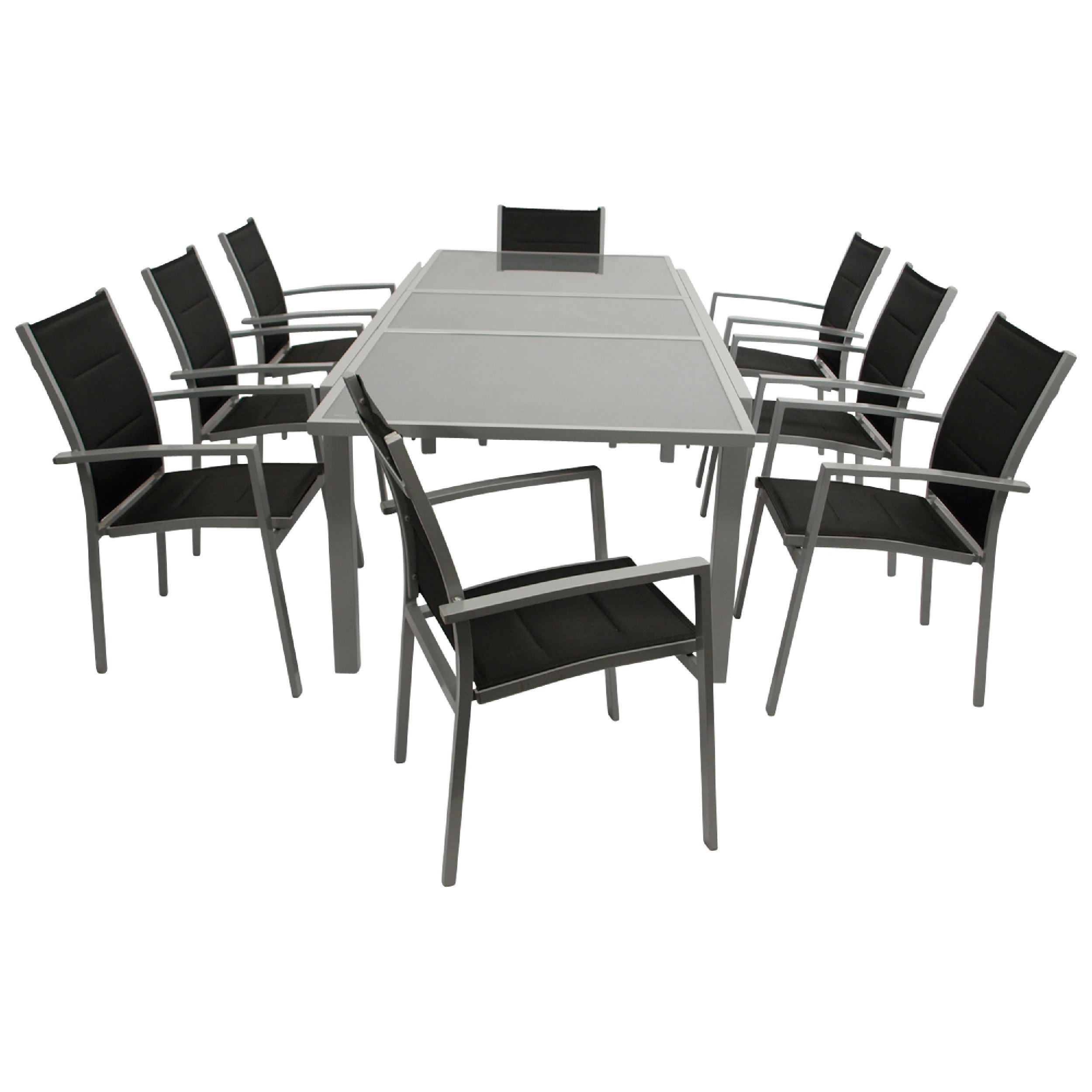 GARTEN-GARNITUR Ashford - 9-teilige Garten-Essgruppe (8x Stapelsessel mit Aluminiumgestell, Bespannung Textillehne schwarz, Ausziehtisch - Schwarz, Metall - TPFGarden