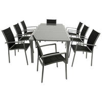 GARTEN-GARNITUR Ashford - 9-teilige Garten-Essgruppe (8x Stapelsessel mit Aluminiumgestell, Bespannung Textillehne schwarz, Ausziehtisch - Schwarz, Metall - TPFGarden