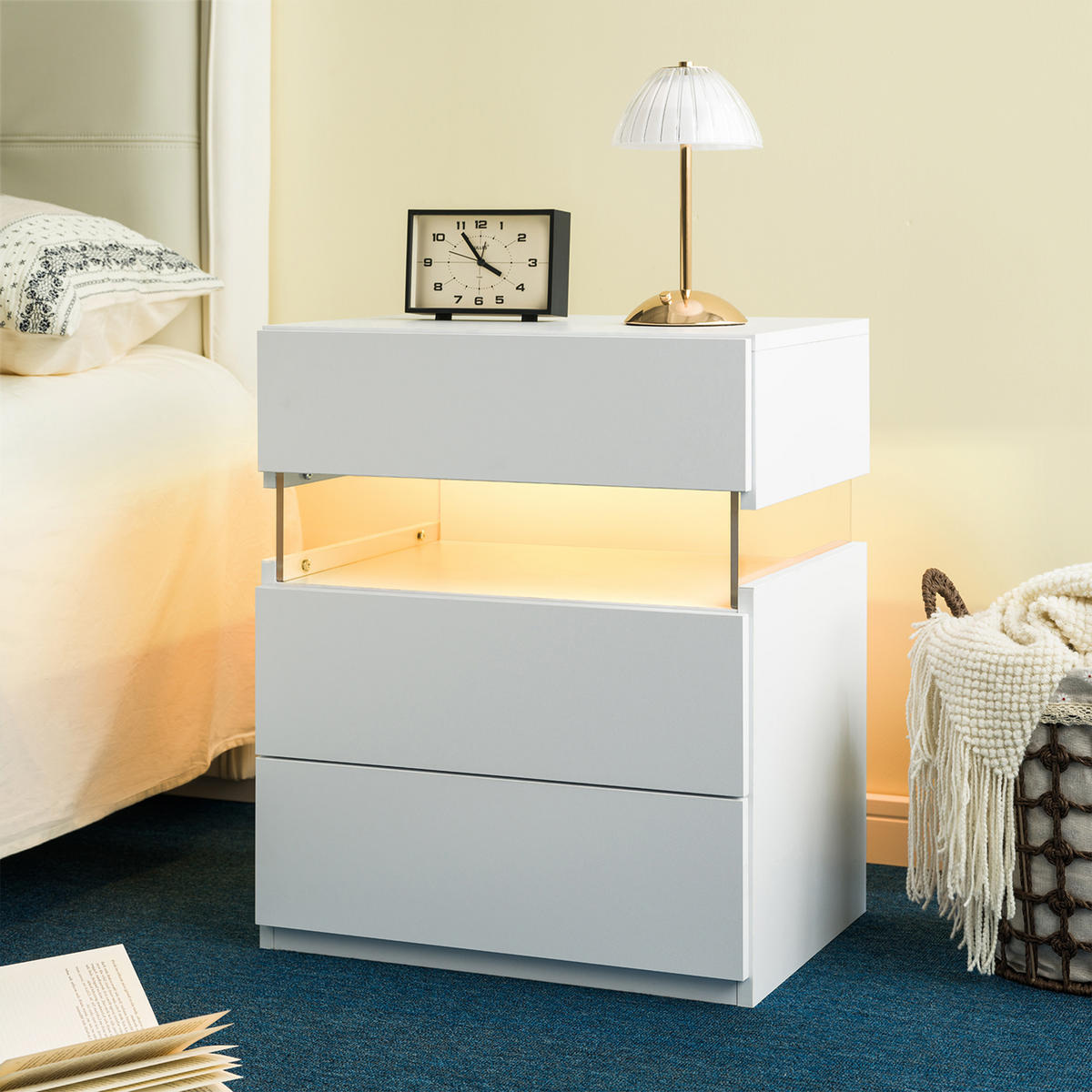 LED-NACHTTISCH 3 Schubladen – Side Table mit Acrylplatte, Beleuchtet, Schlafzimmer & Wohnzimmer, Nachtschrank, Weiß - Weiß, Holz (38/61/48cm) - Ej. Life