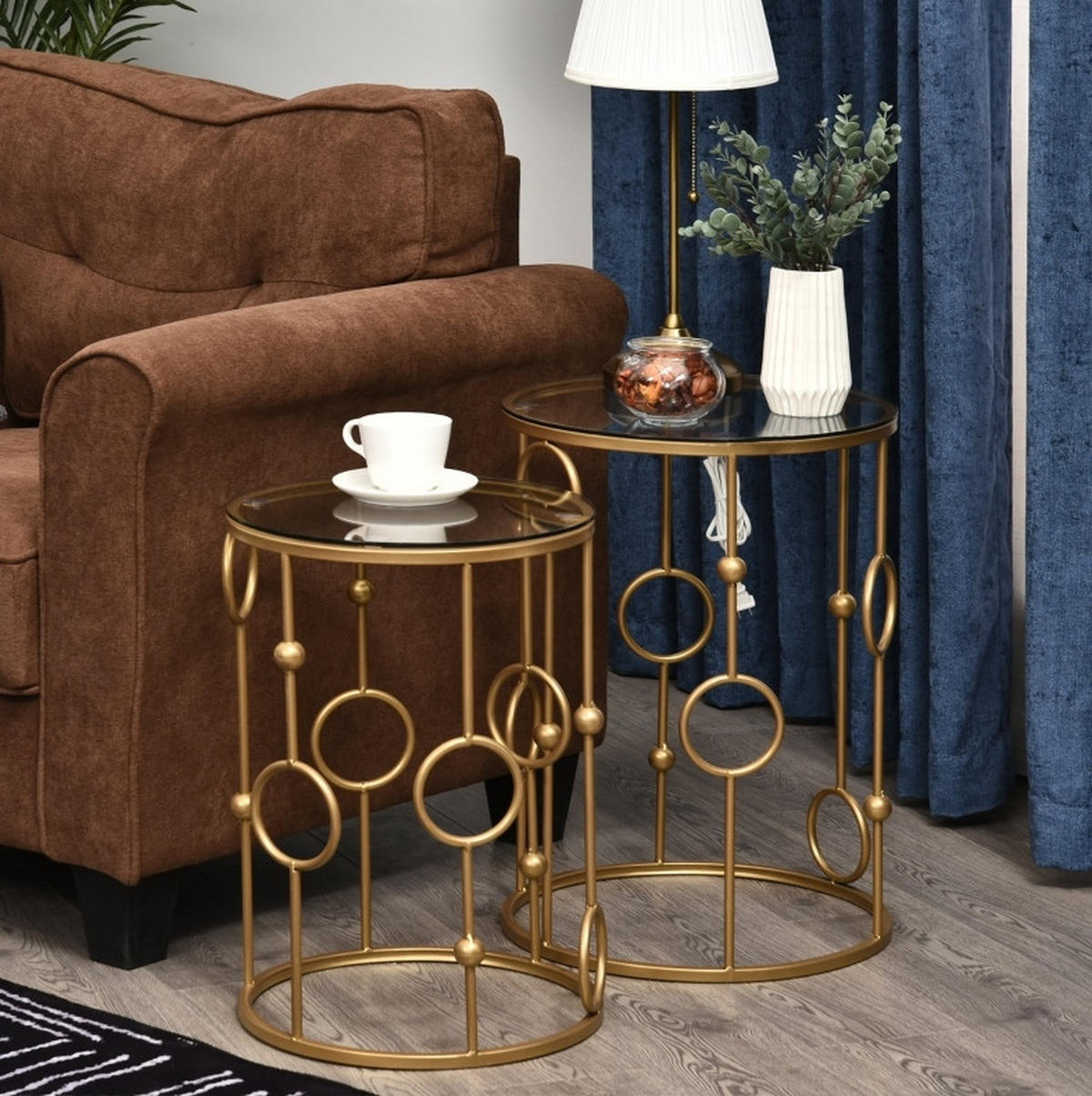 BEISTELLTISCH-SET 2er rund in Gold mit Glasplatte, ineinander stellbar - Goldfarben, Metall (41/41/57cm) - BEAOK