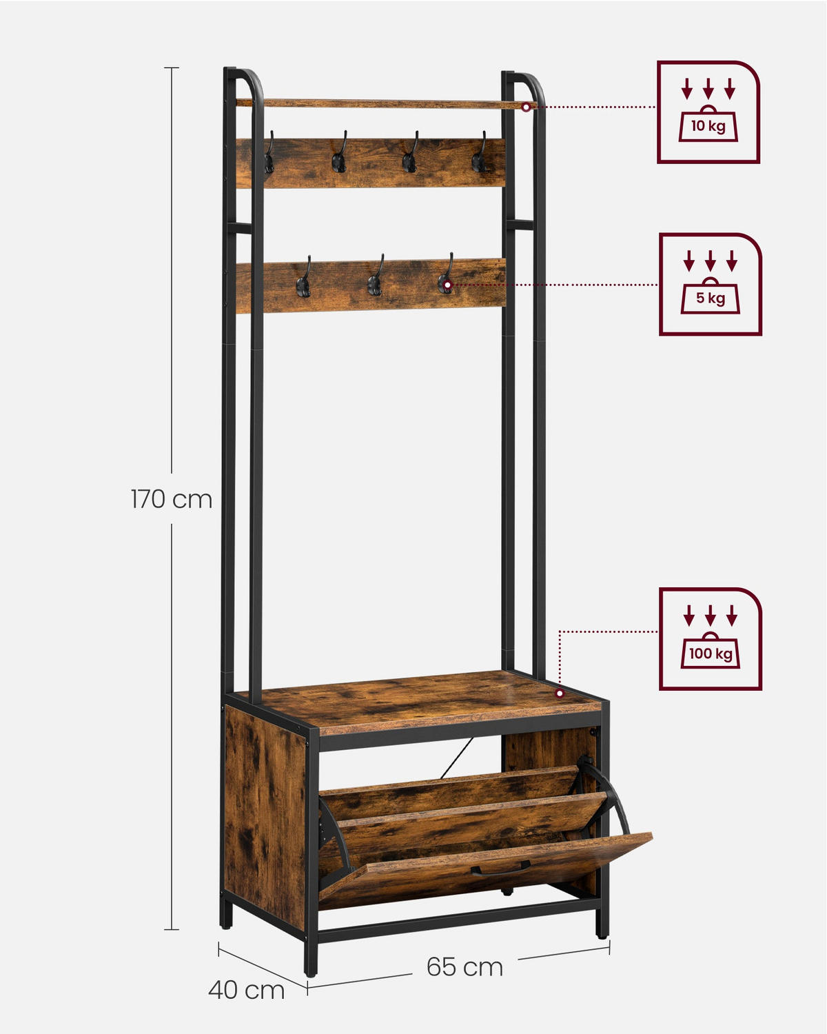GARDEROBENSTÄNDER LISBON - Braun, Holzwerkstoff (65/170/40cm) - Hansiro