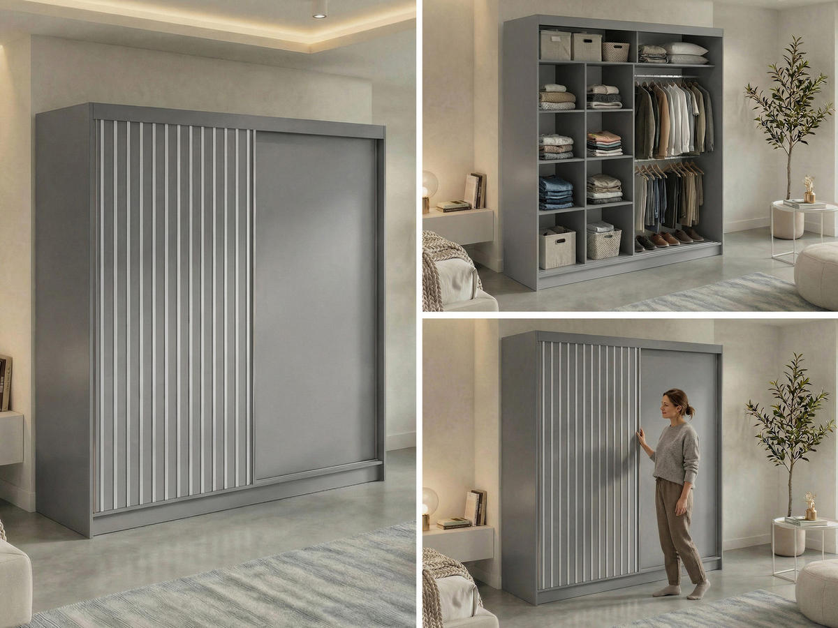 SCHWEBETÜRENSCHRANK mit Lamellen LUMOS - 200 - Grau und Weiß - Alufarben/Weiß, Holzwerkstoff/Metall (200/216/61cm) - MKS