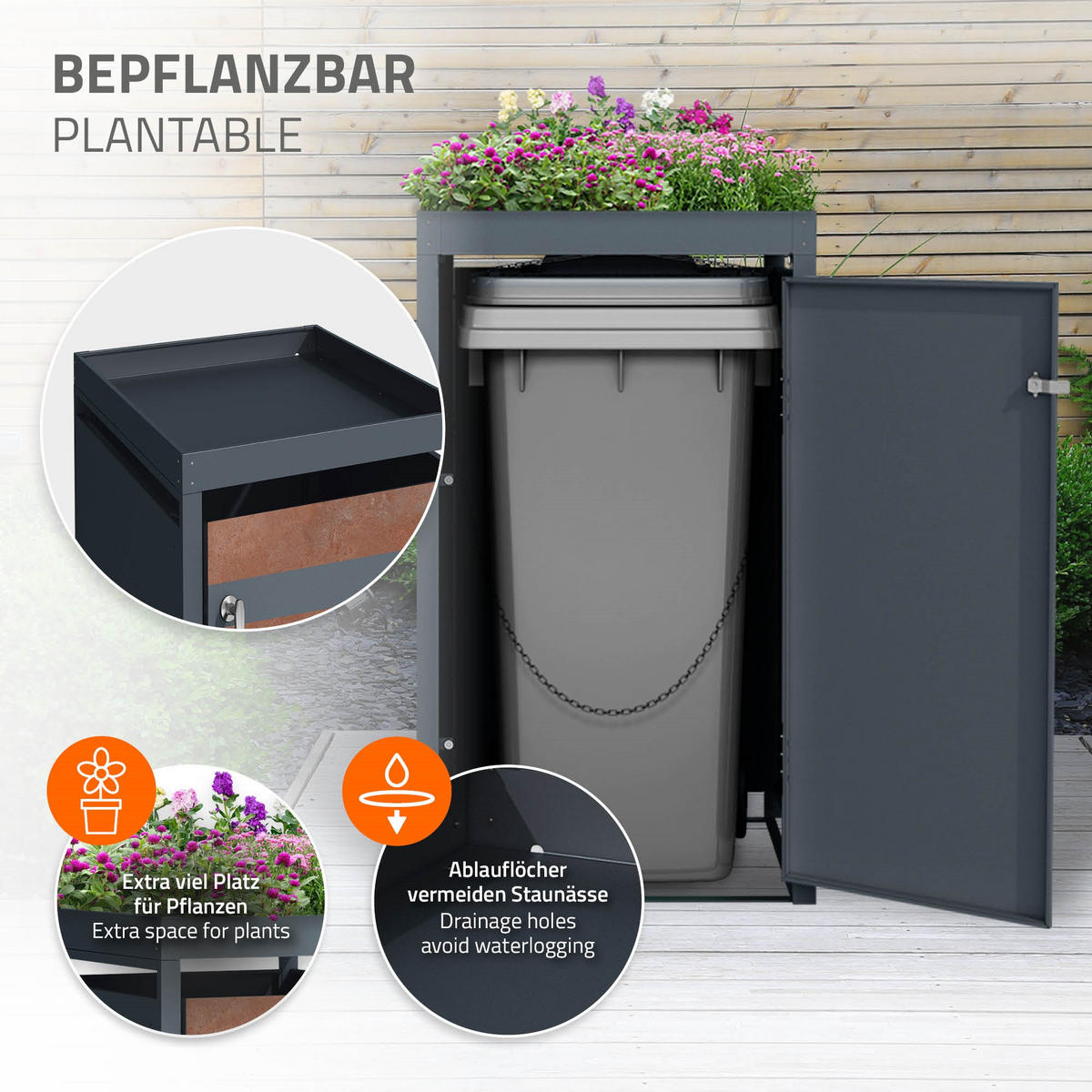MÜLLTONNENBOX 1er mit Pflanzdach Anthrazit-Rostoptik - Rotbraun, Metall (80/124/68cm) - ML-DESIGN