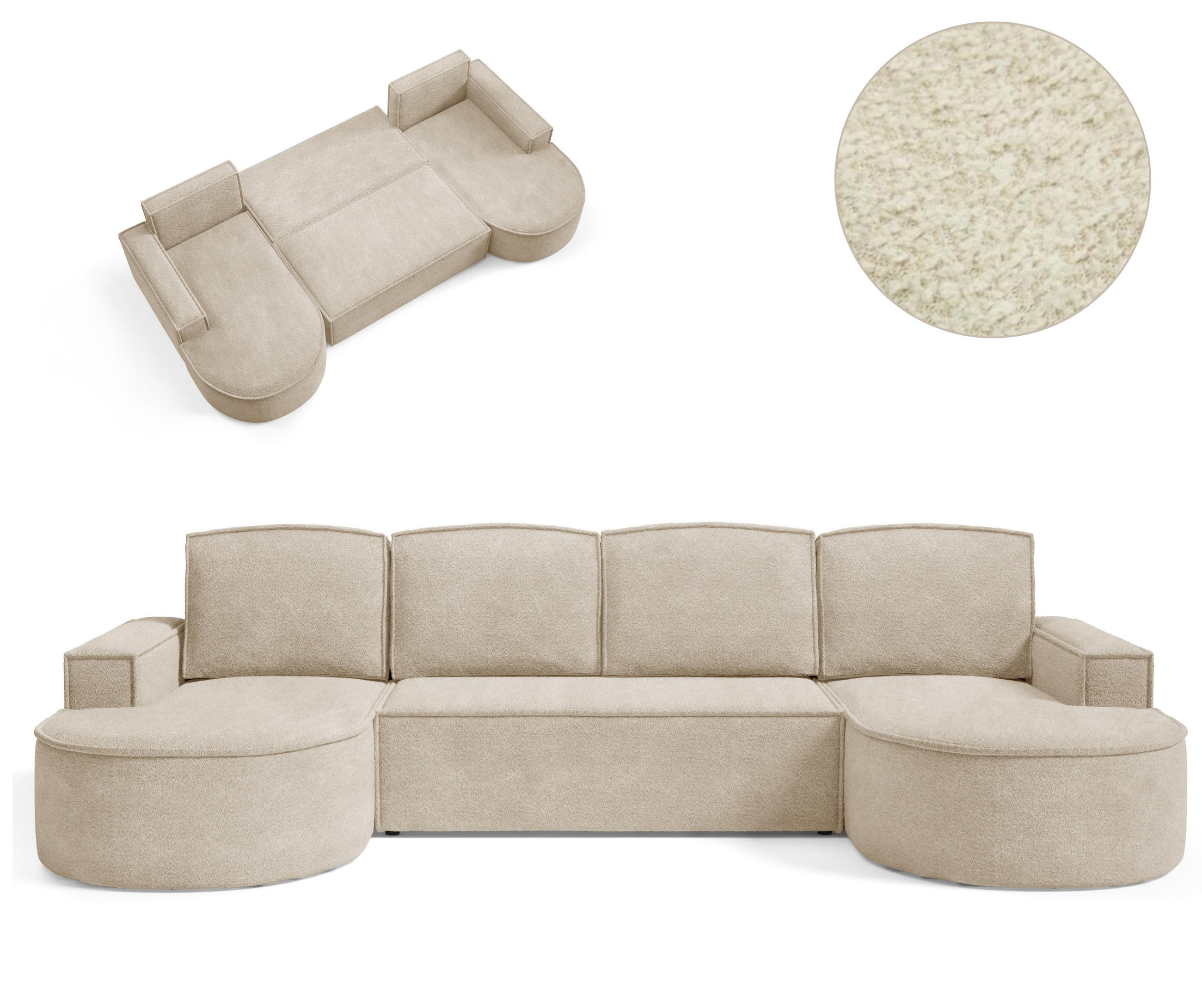 ECKSOFA MOLLY U Freistehendes, mit Schlaffunktion, 140x273cm, Bettkasten und Abnehmbaren Kissen – 316x157x88cm, Abriamo Stoff, Beige - Sandfarben, Holz/Textil (316/157cm) - DomoHome