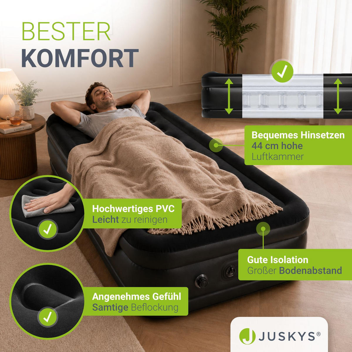 LUFTBETT Sapri M schwarz inkl. Tragetasche - Schwarz, Kunststoff (87/185cm) - Juskys
