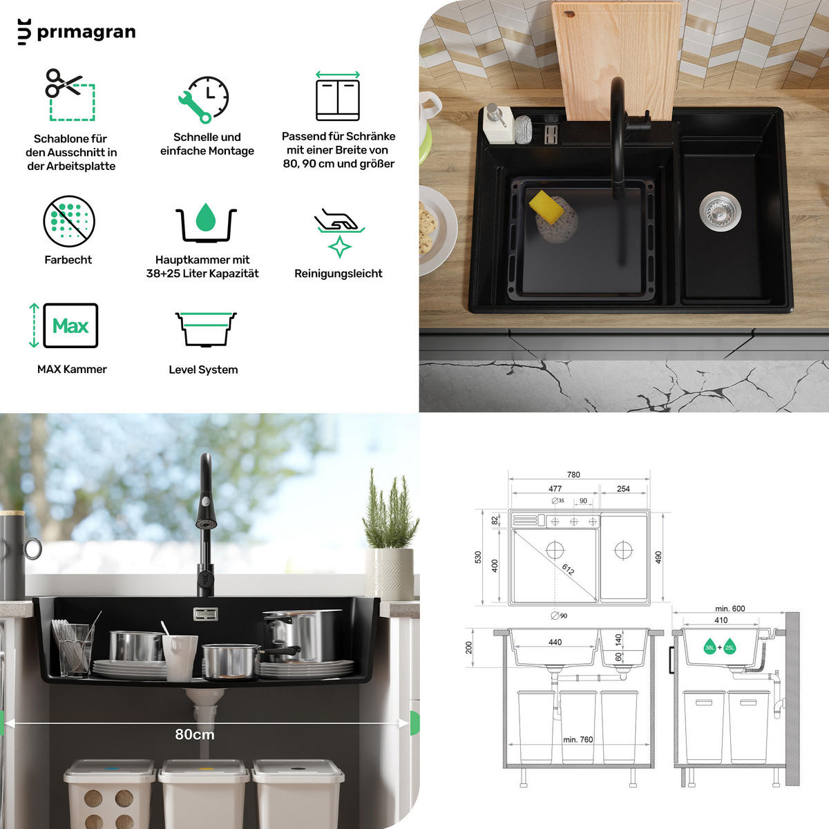 GRANITSPÜLE Paris, 2-er set Beige 78/53 cm 2 Becken + Küchenarmatur 40/20 cm + Ablauf-Set + Küchenzubehörset ab 80er Unterschrank - Chromfarben/Edelstahlfarben, Kunststoff (78/20/53cm) - Primagran