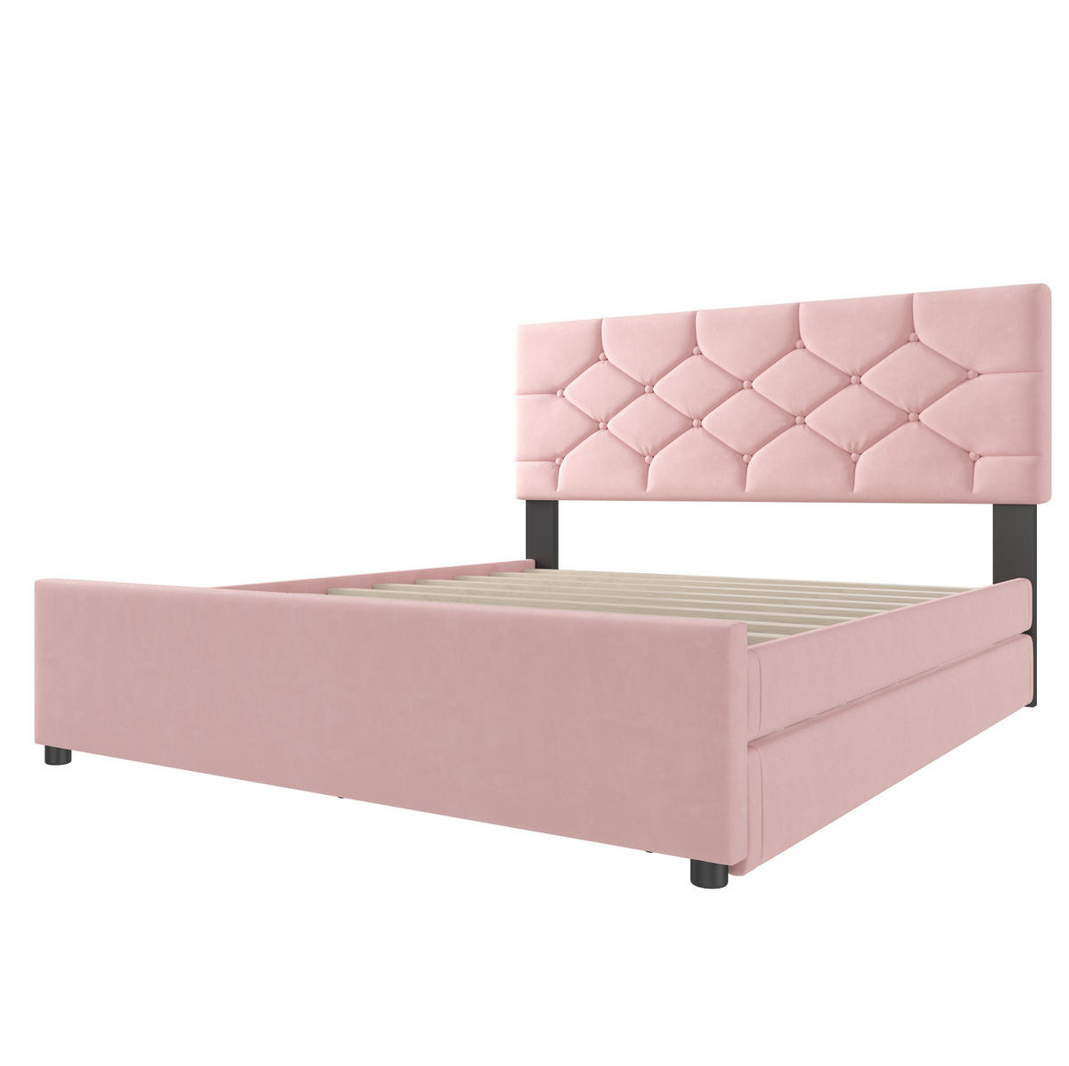 POLSTERBETT aus Samt 140x200 cm in Rosa mit Rollbett & Lattenrost - Rosa, Textil (140/200cm) - Modfu