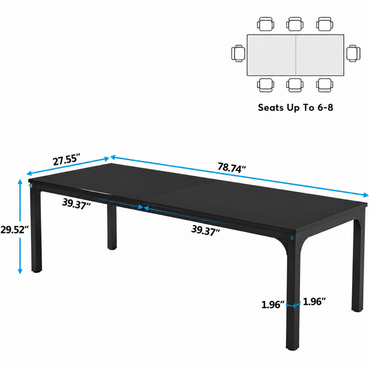ESSTISCH 200 x 70 cm Holzoptik Schwarz für 6-8 Personen - Schwarz, Metall (200/70/75cm) - Meubliv