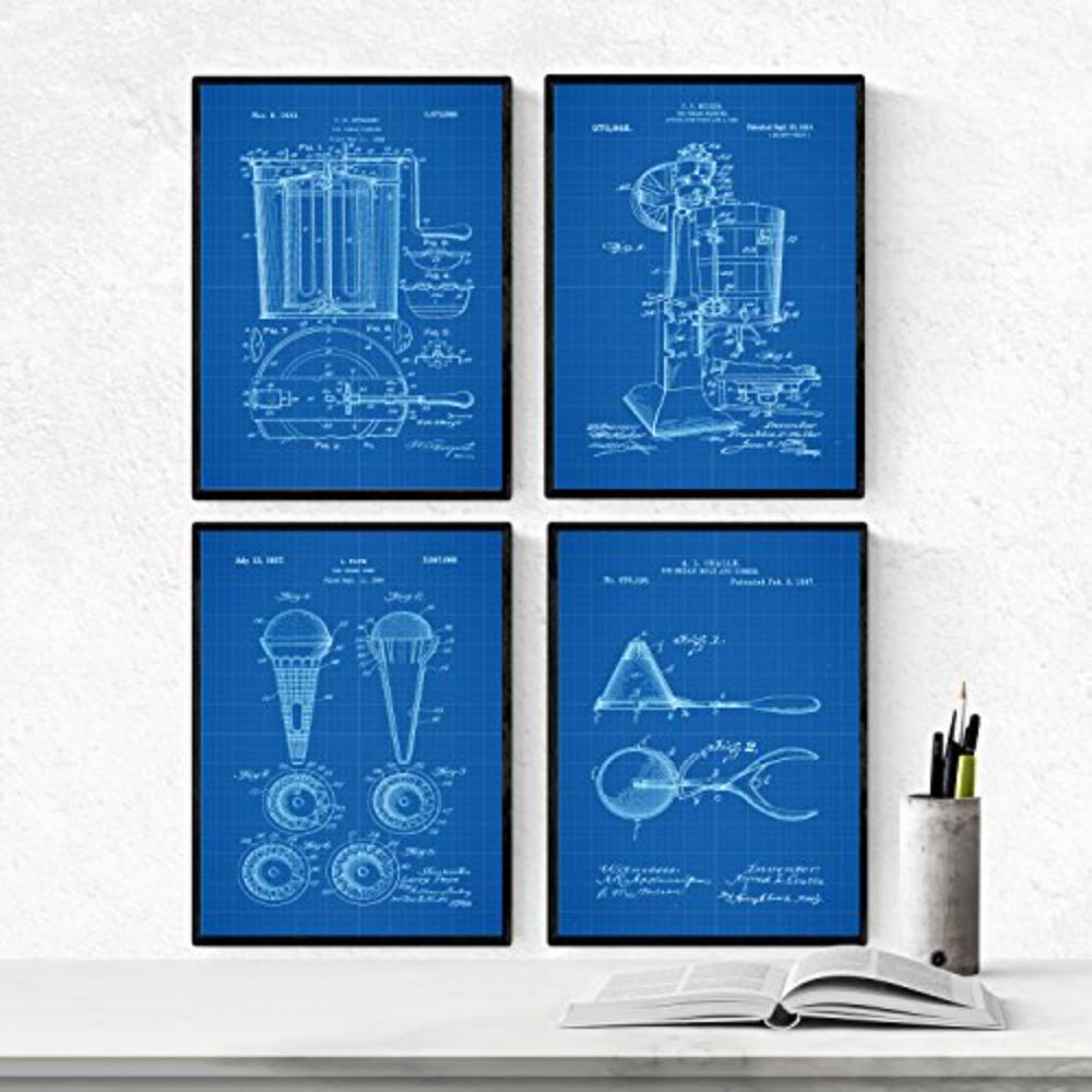 POSTER Set mit 4 Blau Eismaschine Patent A4 Schwarzer Rahmen - Schwarz, Papier (29.7/3cm) - Nacnic