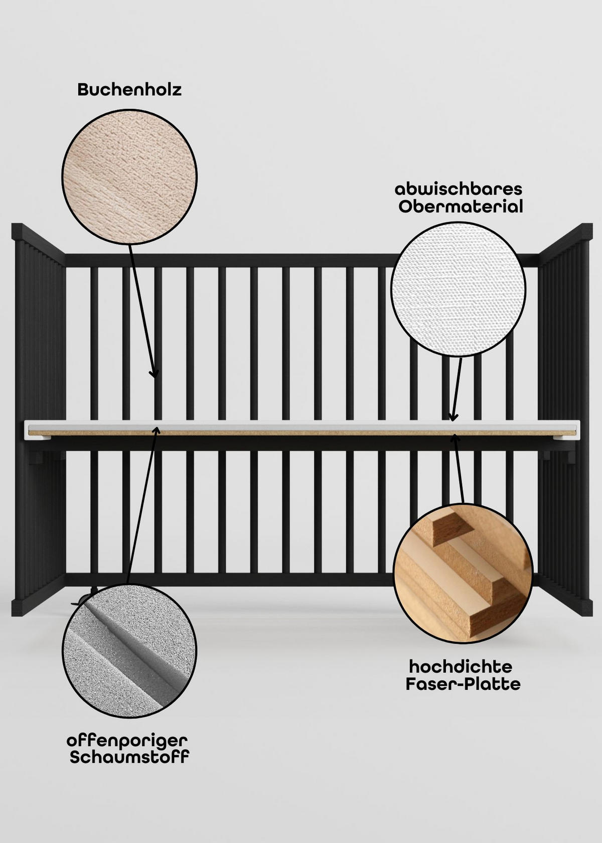 LAUFGITTER XXL 120x120 cm mit Matratze Cloud Air - Black Edition - Premium Kollektion - Schwarz, Holz (120/74/120cm) - Sämann – make a difference.