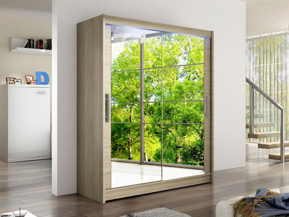 SCHWEBETÜRENSCHRANK Westa XI, mit RGB LED Beleuchtung - Silberfarben/Sonoma Eiche, Holzwerkstoff/Metall (150/200/58cm) - MIRJAN24