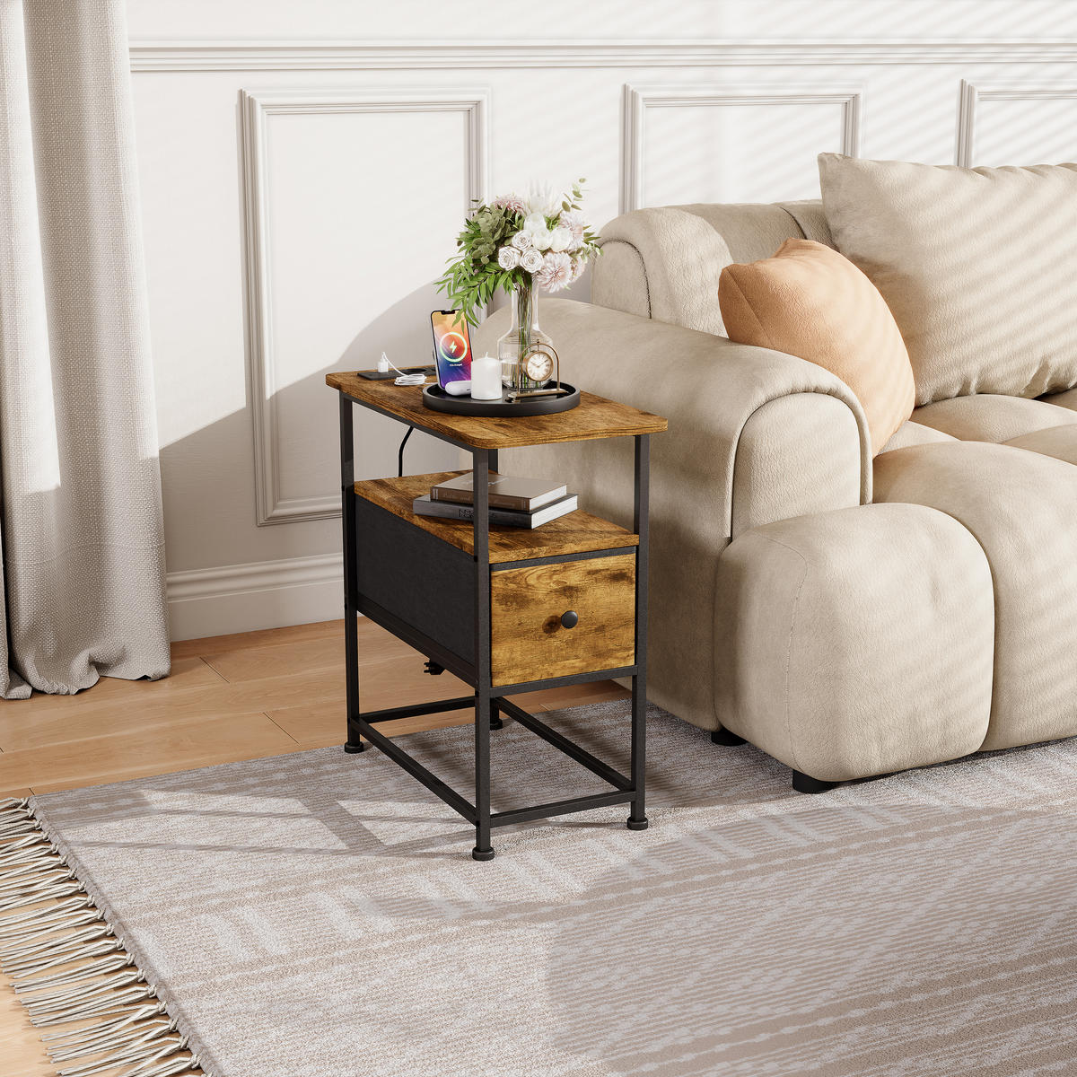 NACHTTISCH LED USB Schublade offene Fächer Tigerstreifen - Naturfarben, Holz (60/62/30cm) - LEBENLANG