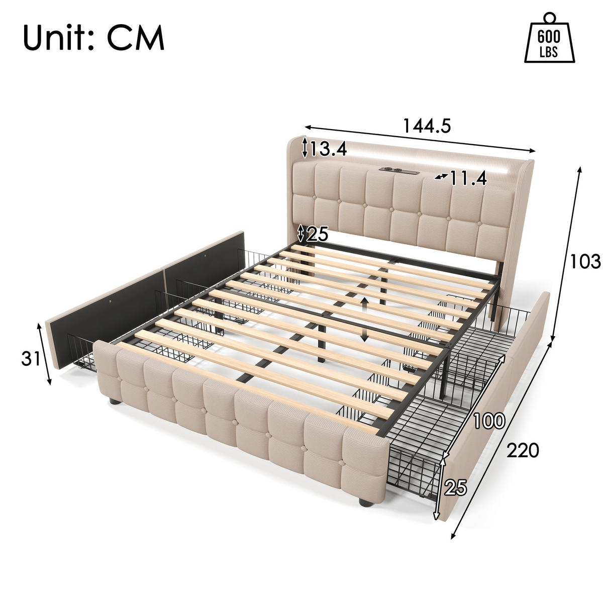 POLSTERBETT 140/200 cm mit LED-Beleuchtung, USB und 4 Schubladen in Beige - Beige, Holz (140/200cm) - BEAOK