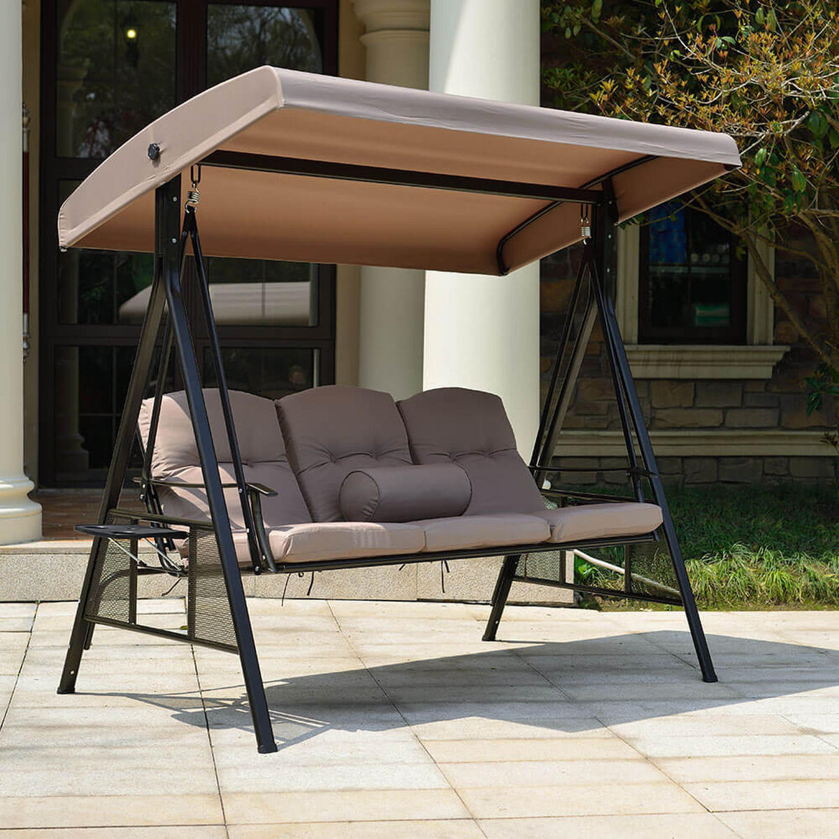 HOLLYWOODSCHAUKEL DESCANSO - Beige, Mit Regenabdeckung - Beige, Textil/Metall (115/195/198cm) - Home Deluxe