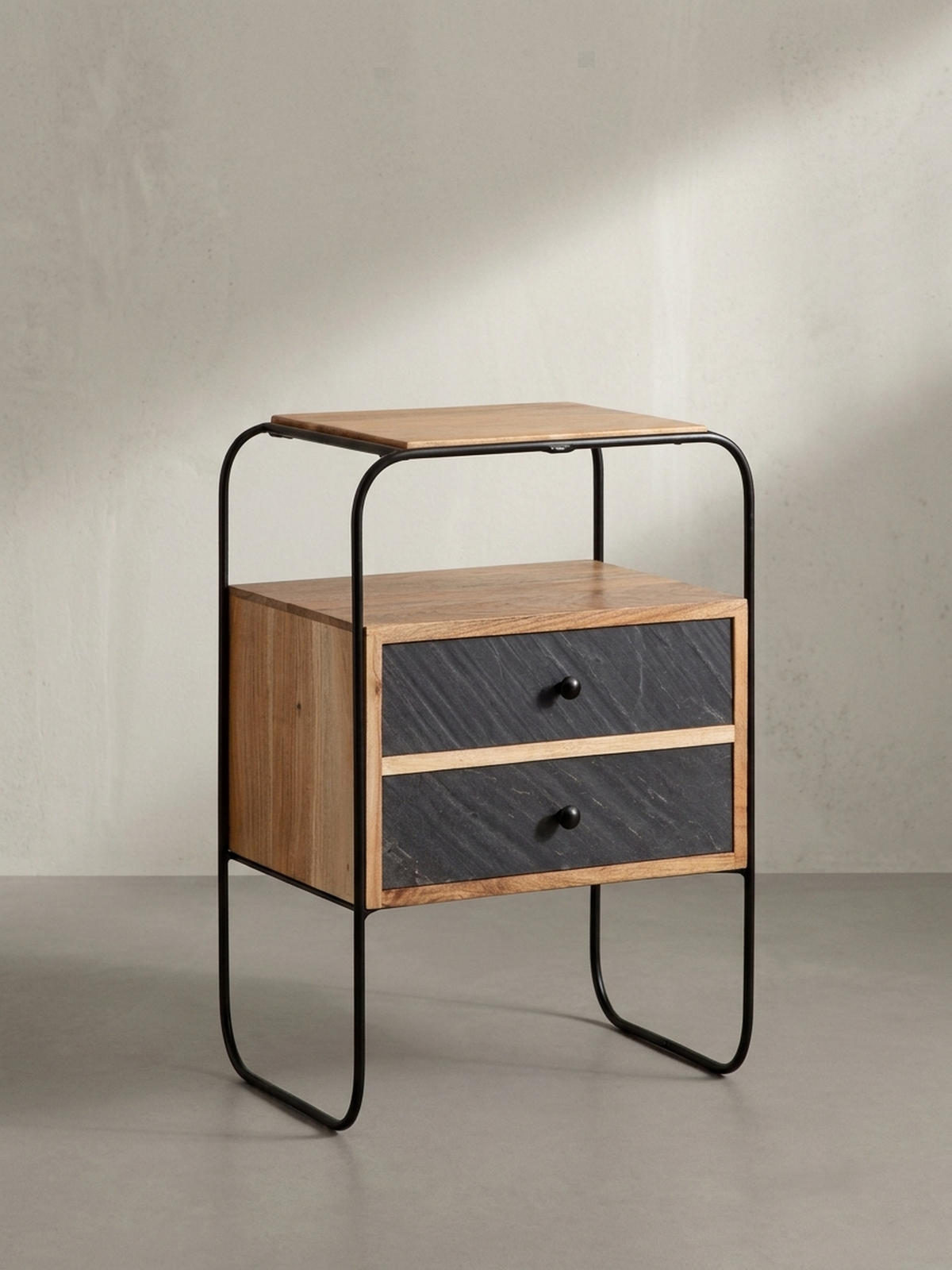 NACHTTISCH Massivholz Steinoptik 2 Schubladen Ablage Metallgestell, Akazie 40x30x60 cm - Schwarz/Akaziefarben, Holz/Metall (40/60/30cm) - KADIMA DESIGN