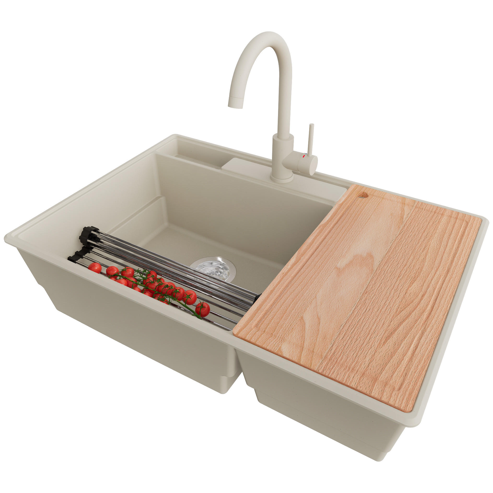 GRANITSPÜLE Paris, 2-er set Beige 78/53 cm 2 Becken + Küchenarmatur 32/20 cm + Ablauf-Set + Küchenzubehörset ab 80er Unterschrank - Chromfarben/Edelstahlfarben, Kunststoff (78/20/53cm) - Primagran